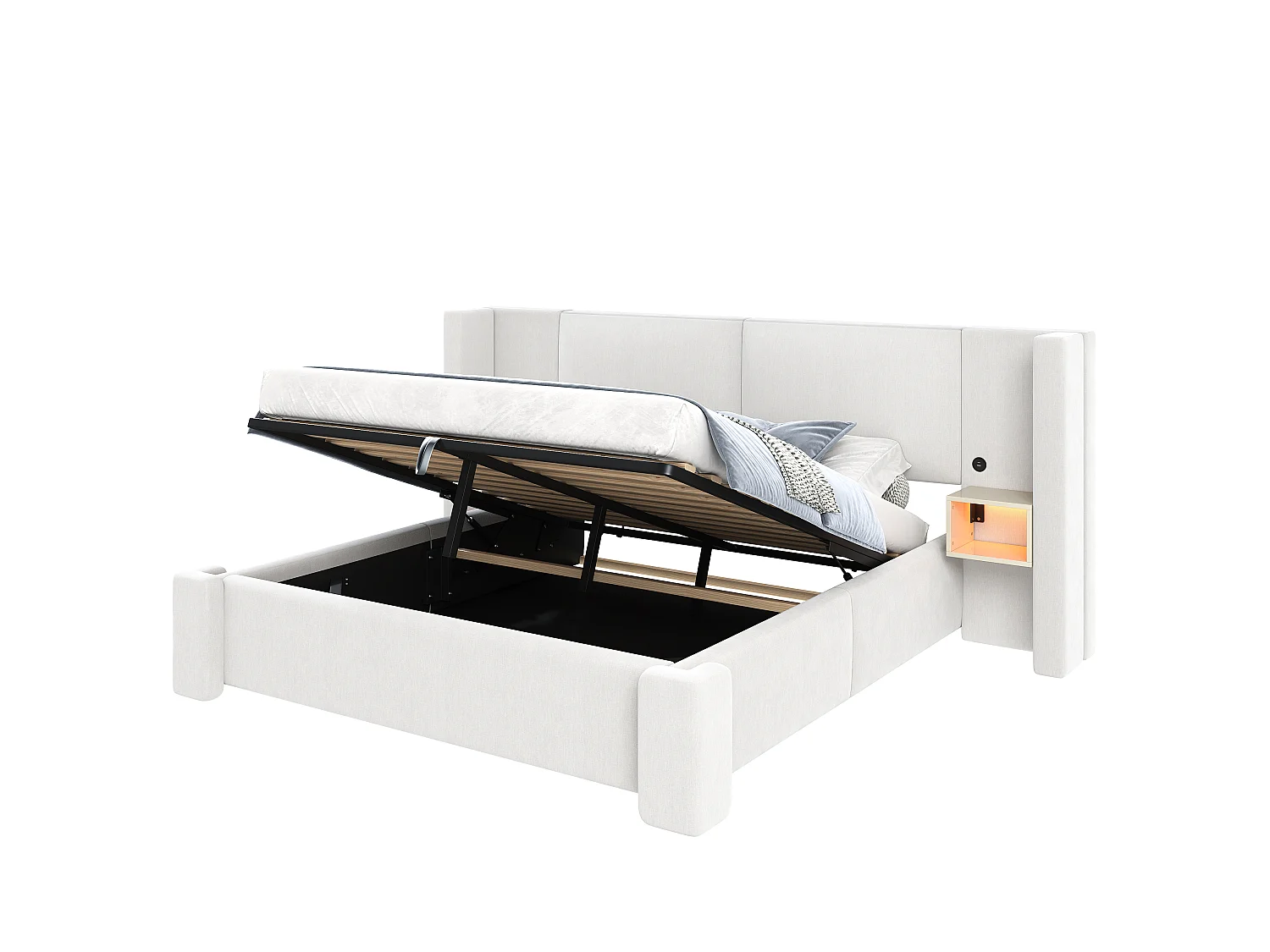 Lit coffre capitonné 180x200cm en lin - Avec éclairage LED, rangements et système de levage hydraulique - Beige (Matelas non inclus)