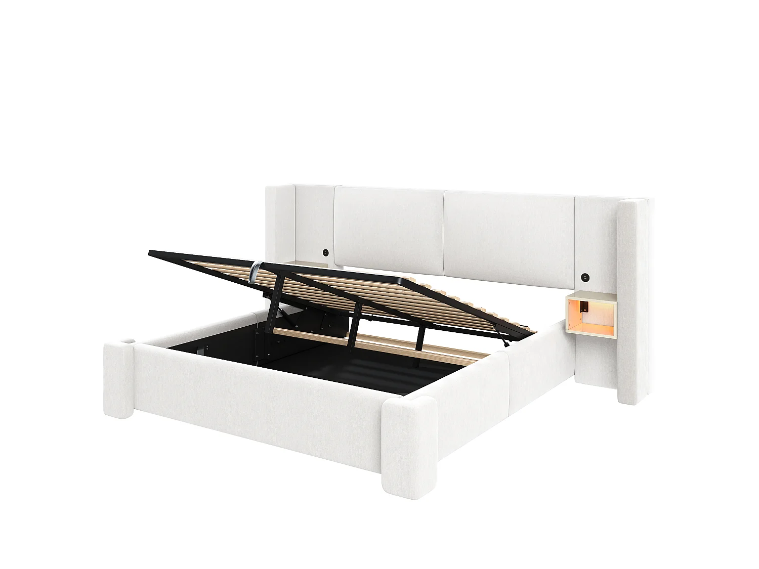 Lit coffre capitonné 180x200cm en lin - Avec éclairage LED, rangements et système de levage hydraulique - Beige (Matelas non inclus)