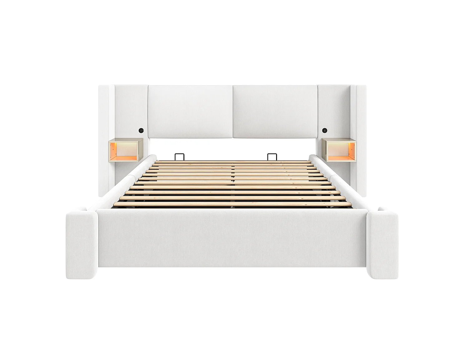 Lit coffre capitonné 180x200cm en lin - Avec éclairage LED, rangements et système de levage hydraulique - Beige (Matelas non inclus)