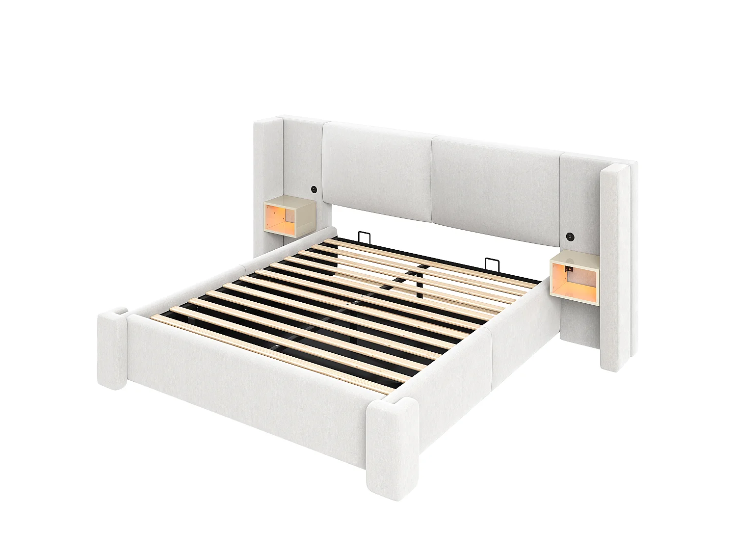 Lit coffre capitonné 180x200cm en lin - Avec éclairage LED, rangements et système de levage hydraulique - Beige (Matelas non inclus)