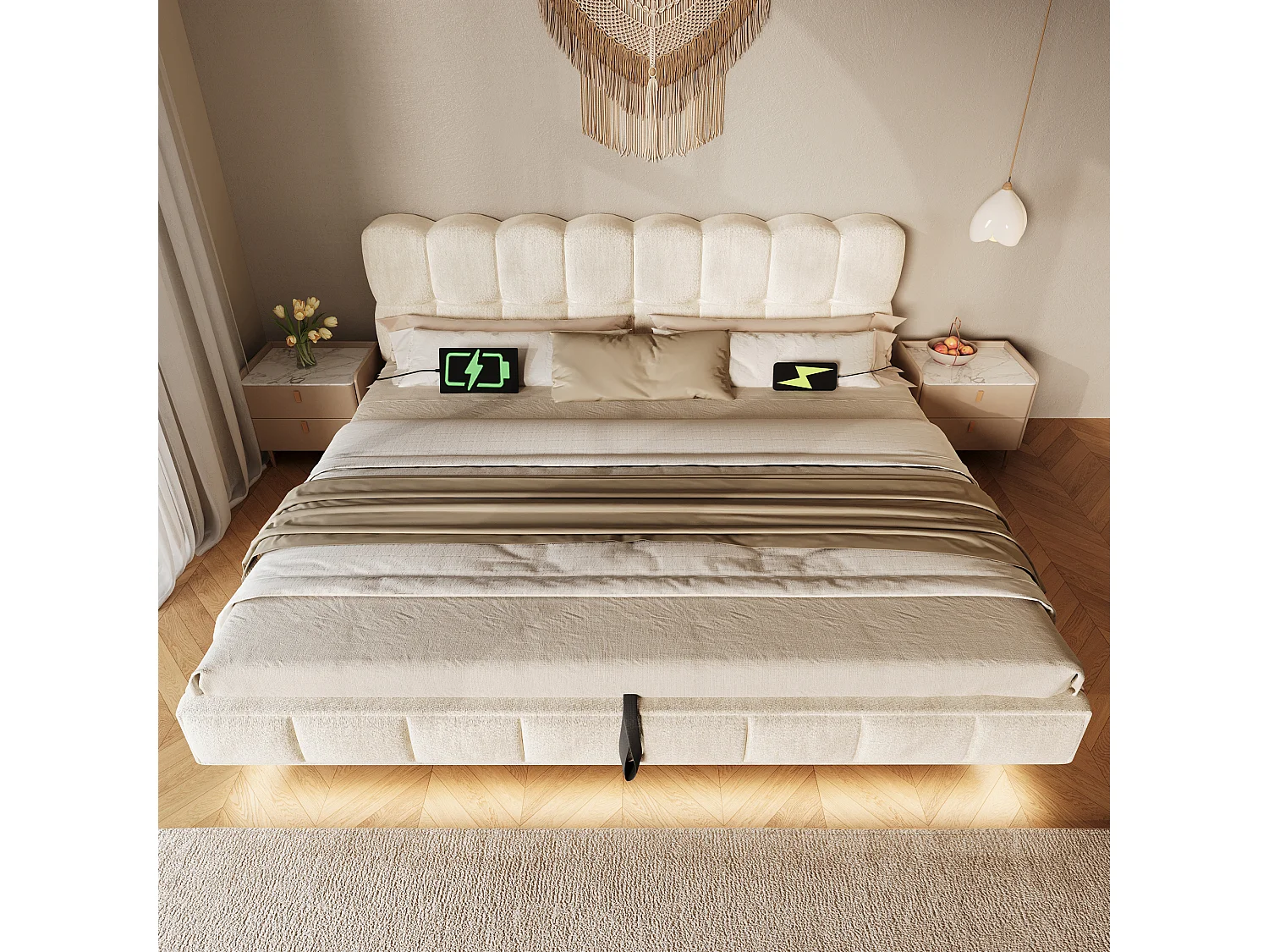 Bedbox gestoffeerd 140x190cm - met LED-verlichting en USB-poort - zwevend design - chenillestof - Beige (zonder matras)
