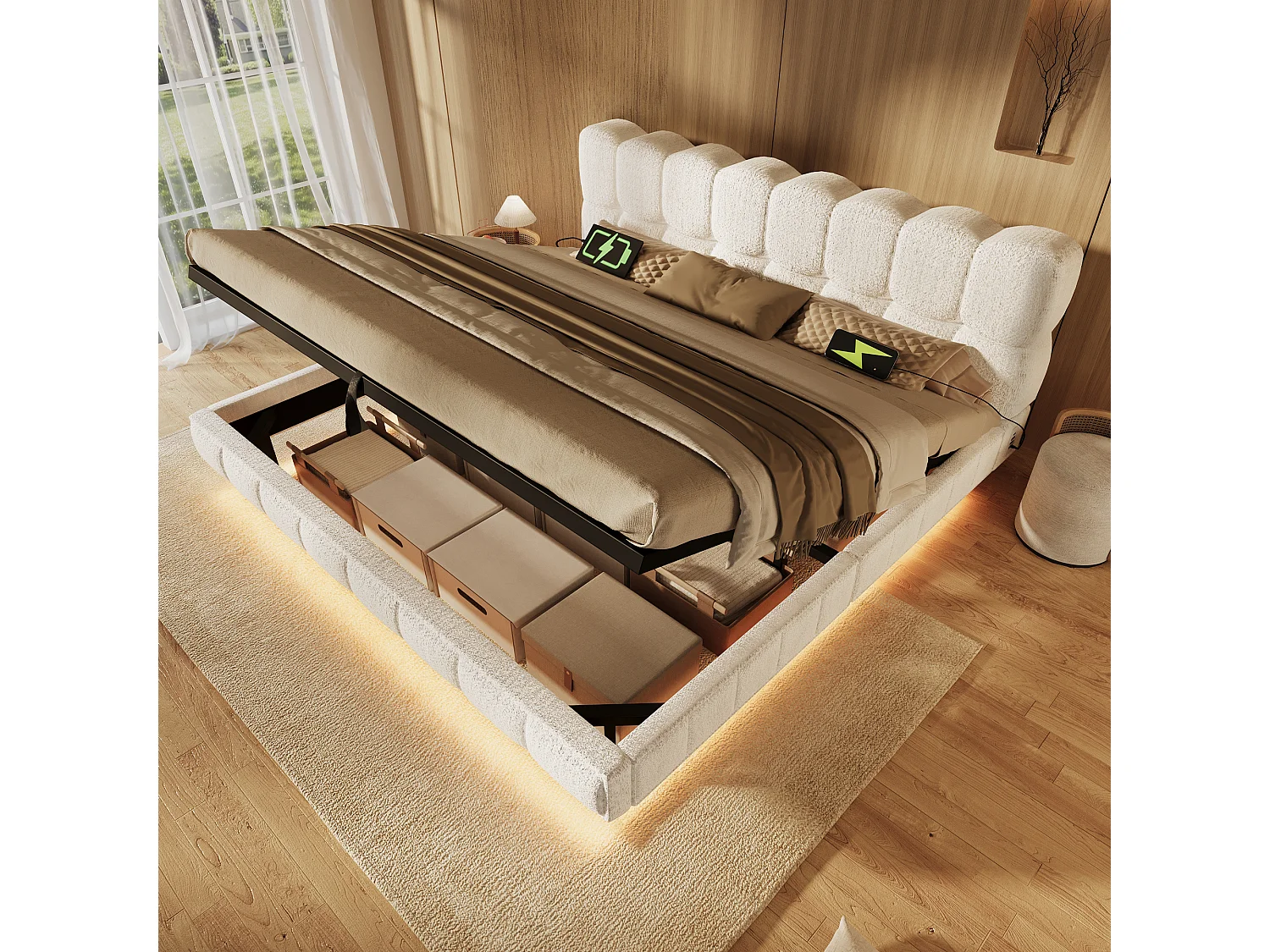 Bedbox gestoffeerd 140x190cm - met LED-verlichting en USB-poort - zwevend design - chenillestof - Beige (zonder matras)