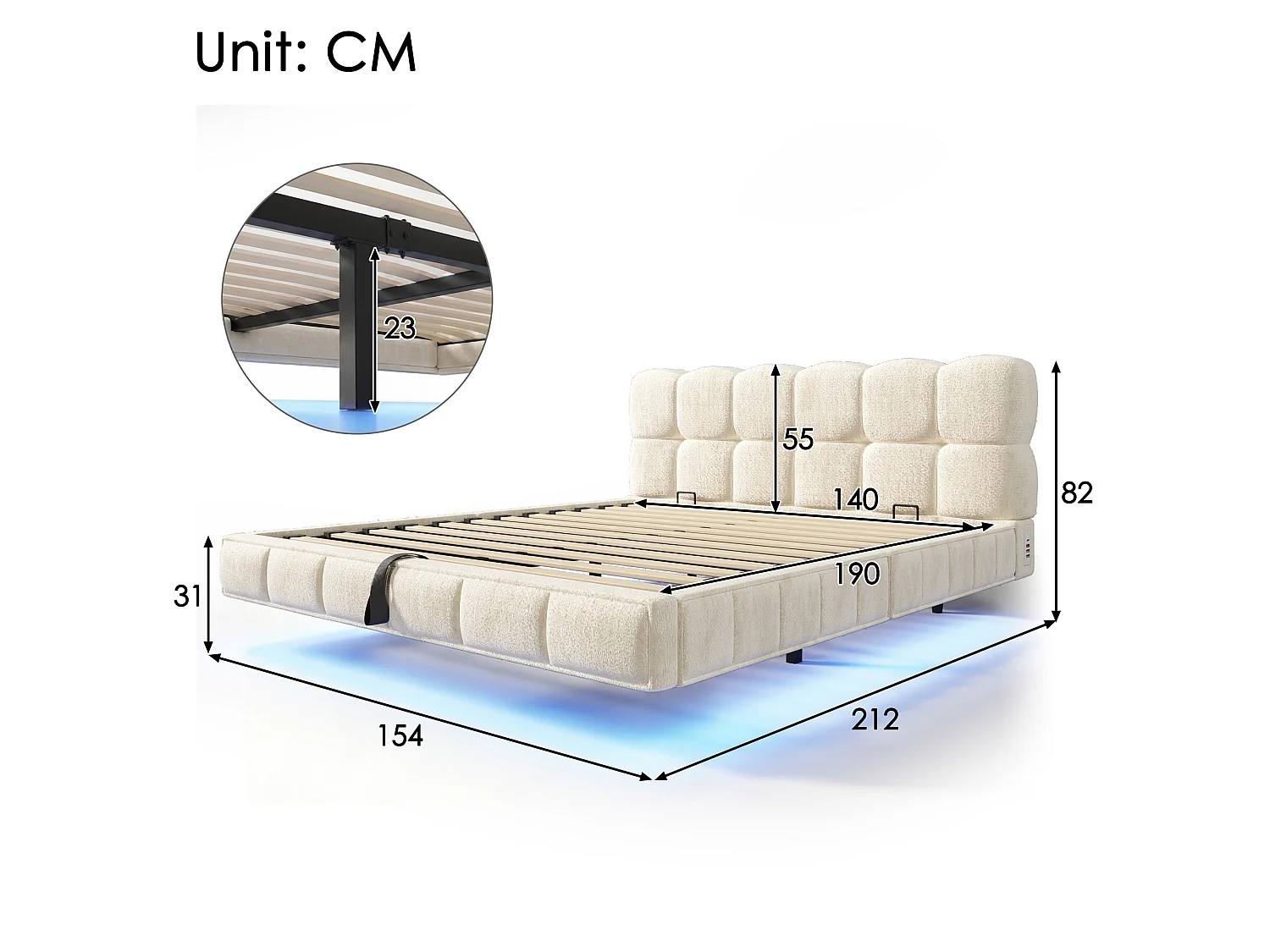 Bedbox gestoffeerd 140x190cm - met LED-verlichting en USB-poort - zwevend design - chenillestof - Beige (zonder matras)