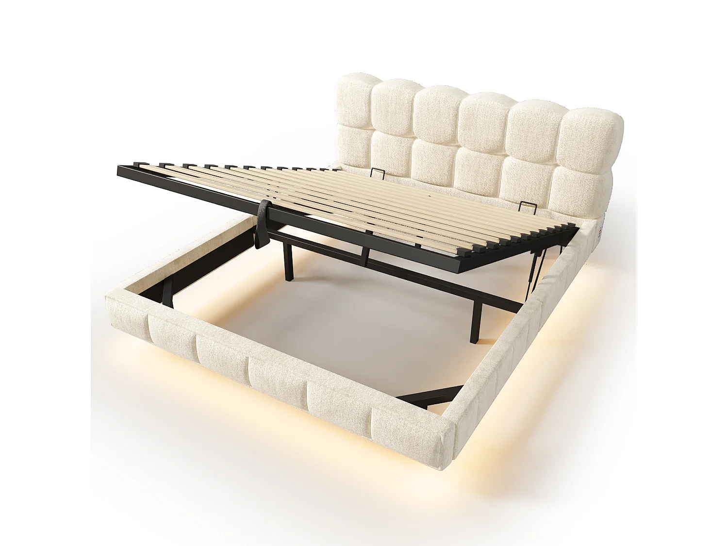 Bedbox gestoffeerd 140x190cm - met LED-verlichting en USB-poort - zwevend design - chenillestof - Beige (zonder matras)