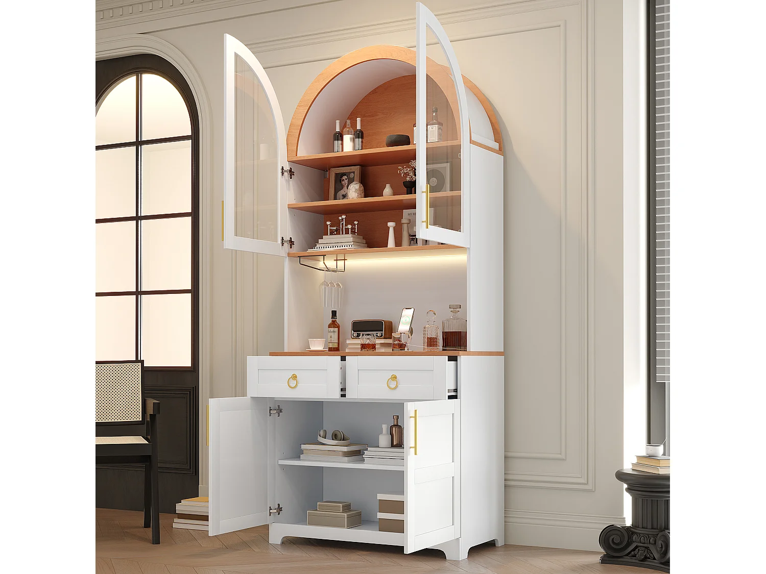 Gebogen buffetkast 80x40x180cm - Vitrine+Werkblad - 2 deuren, 2 laden - LED-verlichting, elektrisch stopcontact en USB-poort - Wit