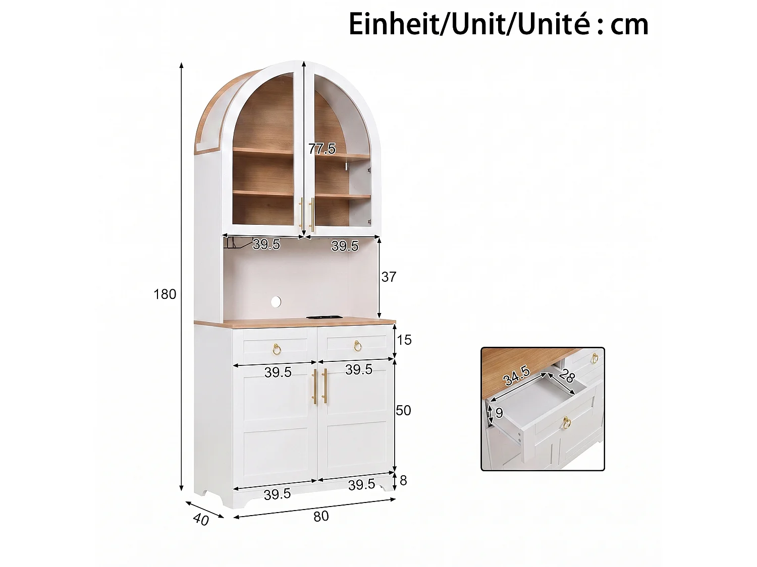 Gebogen buffetkast 80x40x180cm - Vitrine+Werkblad - 2 deuren, 2 laden - LED-verlichting, elektrisch stopcontact en USB-poort - Wit