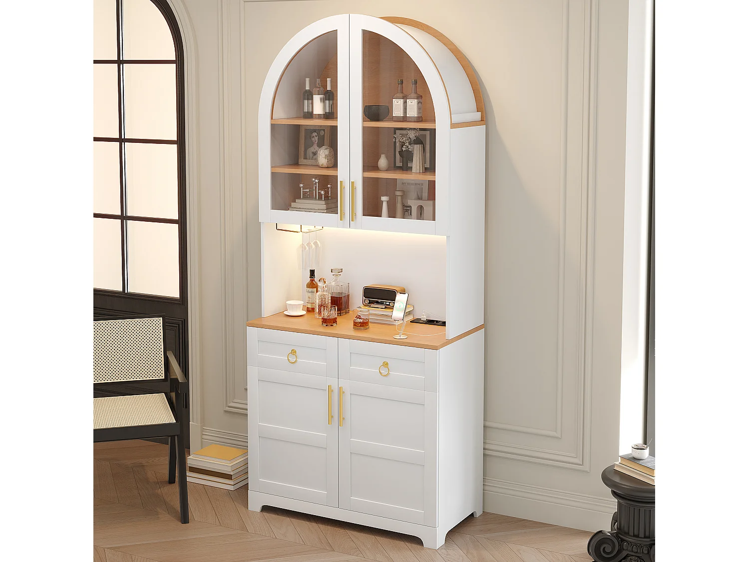 Gebogen buffetkast 80x40x180cm - Vitrine+Werkblad - 2 deuren, 2 laden - LED-verlichting, elektrisch stopcontact en USB-poort - Wit