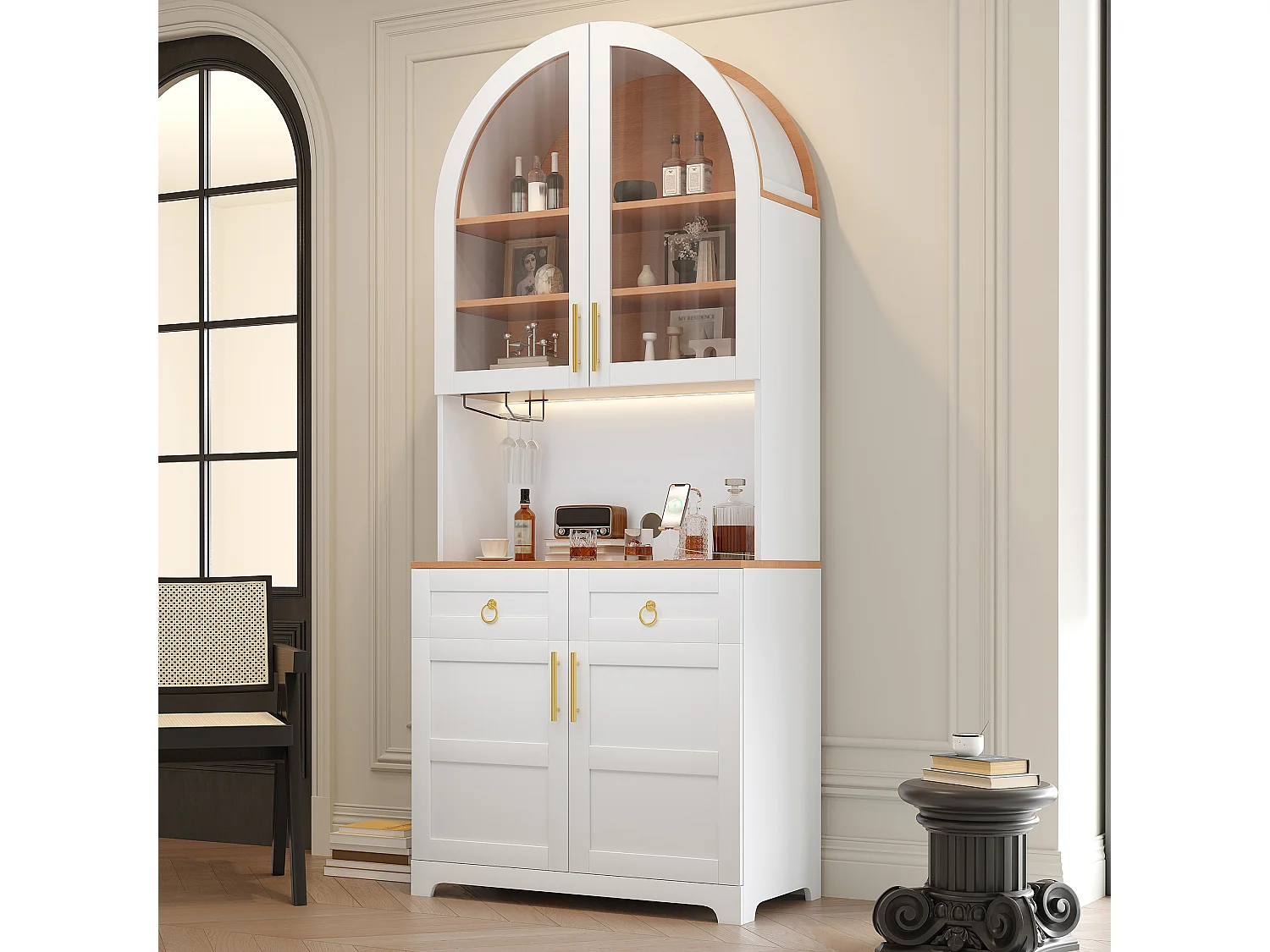 Gebogen buffetkast 80x40x180cm - Vitrine+Werkblad - 2 deuren, 2 laden - LED-verlichting, elektrisch stopcontact en USB-poort - Wit