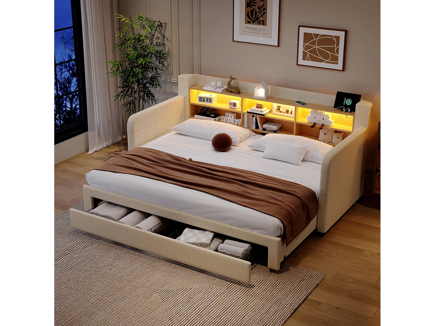 Canapébed 90 x 200 cm - met uittrekbaar bed - met LED-verlichting - met 2 laden - fluweelstof - beige (matras niet inbegrepen)