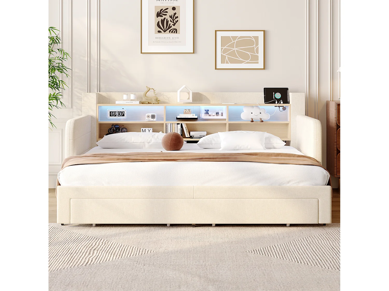 Canapébed 90 x 200 cm - met uittrekbaar bed - met LED-verlichting - met 2 laden - fluweelstof - beige (matras niet inbegrepen)