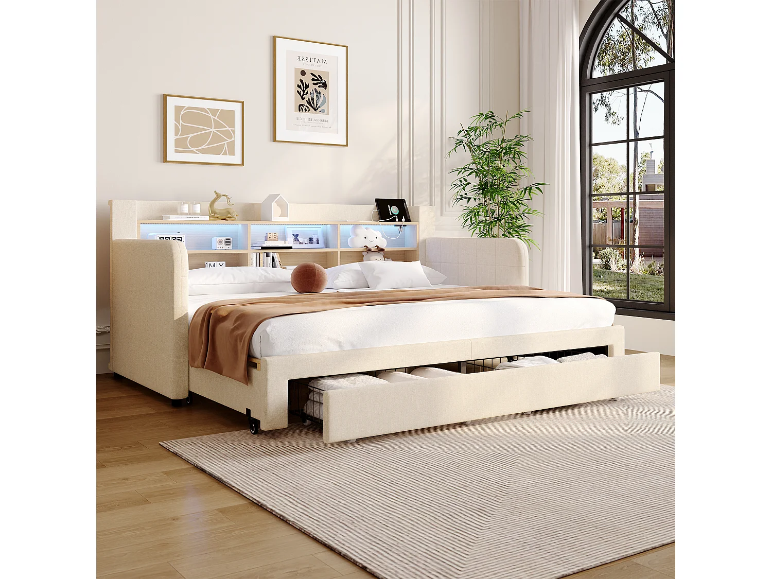 Canapébed 90 x 200 cm - met uittrekbaar bed - met LED-verlichting - met 2 laden - fluweelstof - beige (matras niet inbegrepen)