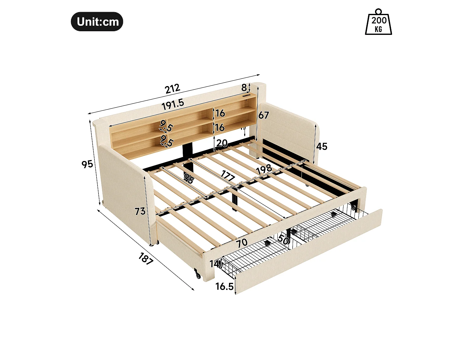 Canapébed 90 x 200 cm - met uittrekbaar bed - met LED-verlichting - met 2 laden - fluweelstof - beige (matras niet inbegrepen)