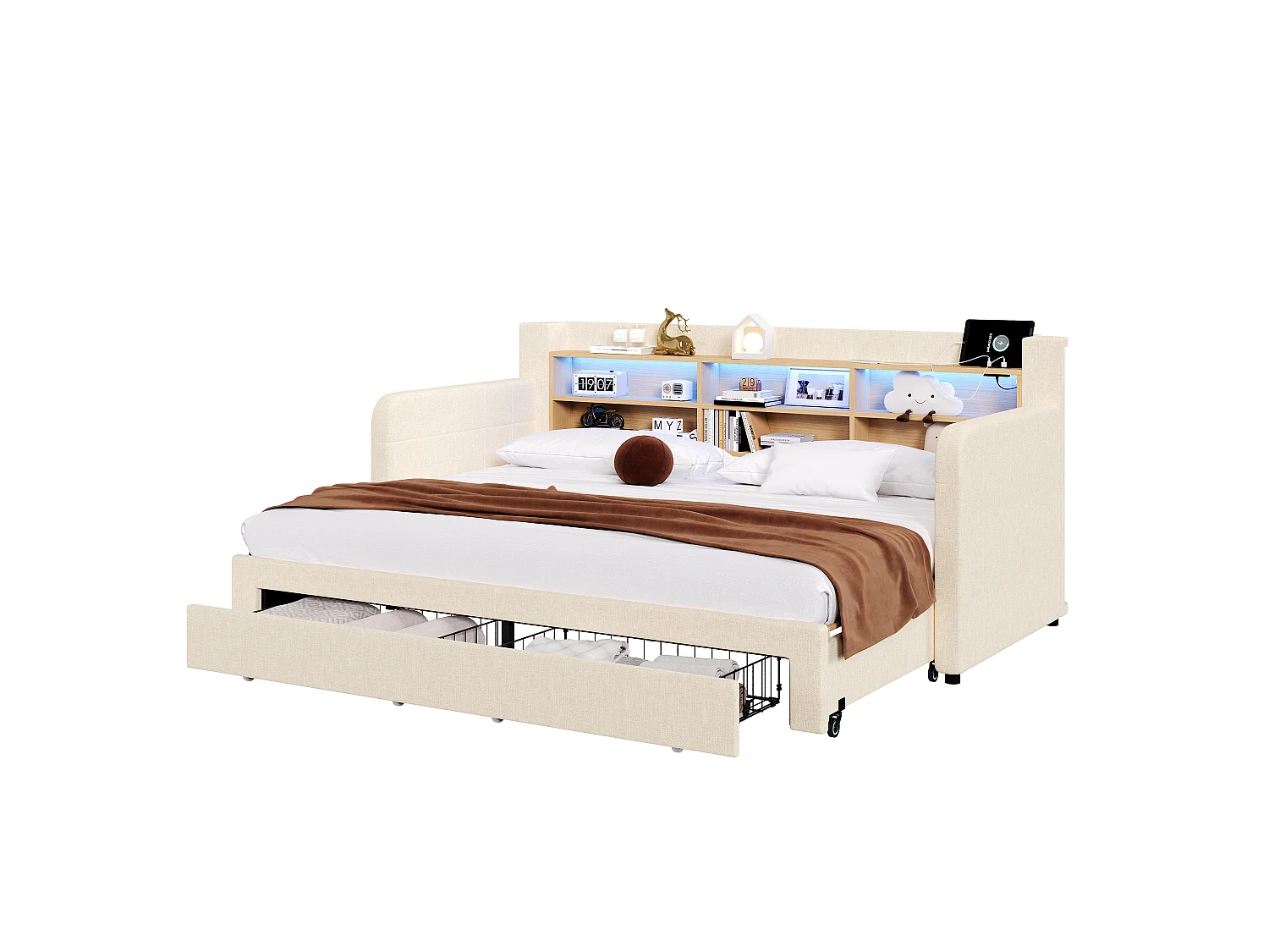 Canapébed 90 x 200 cm - met uittrekbaar bed - met LED-verlichting - met 2 laden - fluweelstof - beige (matras niet inbegrepen)