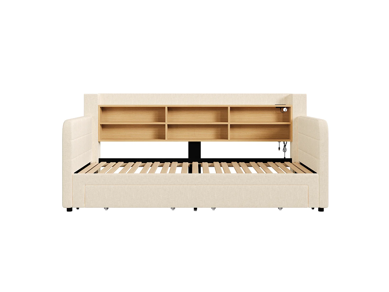Canapébed 90 x 200 cm - met uittrekbaar bed - met LED-verlichting - met 2 laden - fluweelstof - beige (matras niet inbegrepen)
