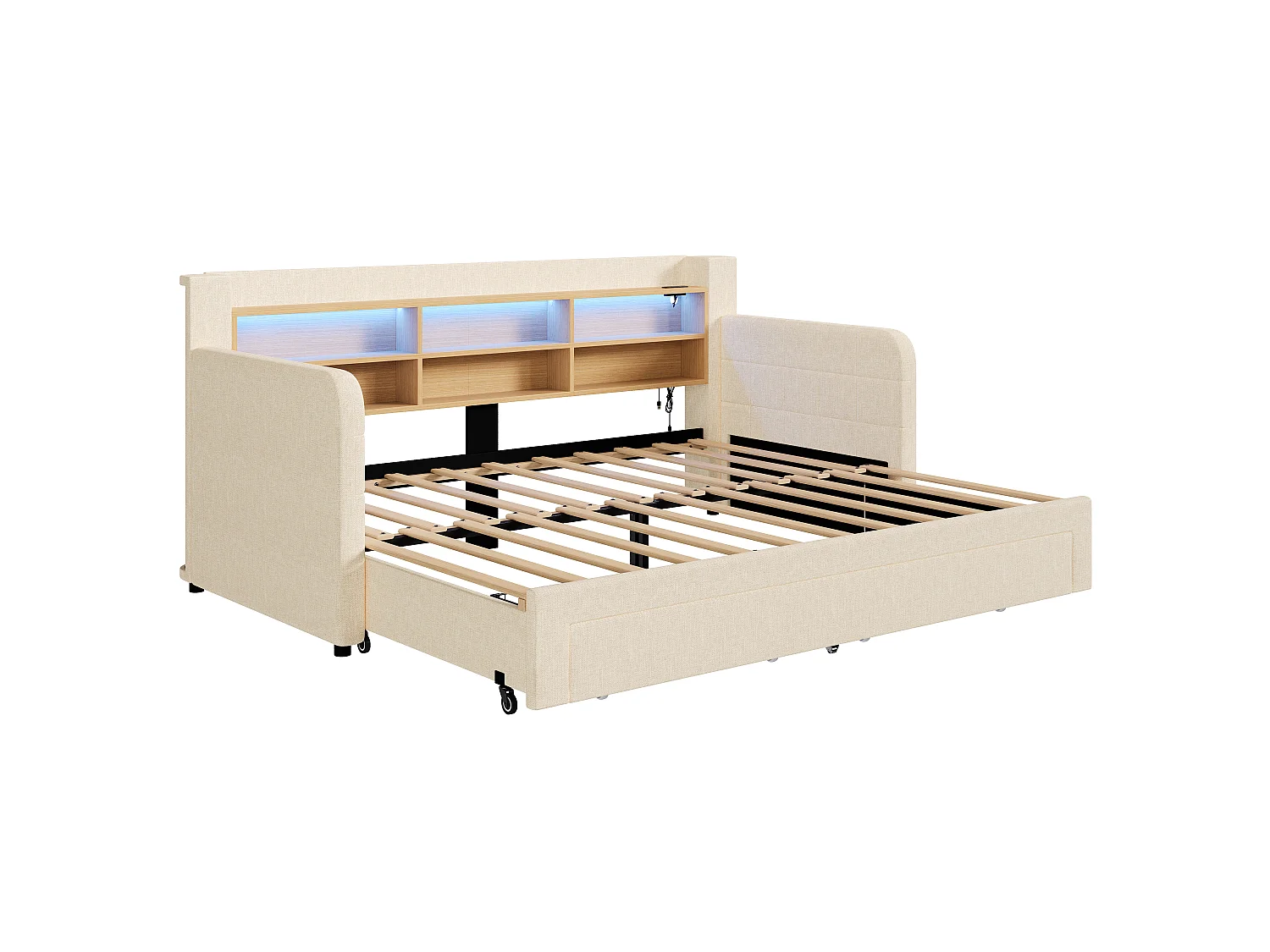 Canapébed 90 x 200 cm - met uittrekbaar bed - met LED-verlichting - met 2 laden - fluweelstof - beige (matras niet inbegrepen)