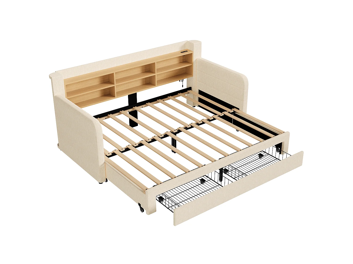 Canapébed 90 x 200 cm - met uittrekbaar bed - met LED-verlichting - met 2 laden - fluweelstof - beige (matras niet inbegrepen)