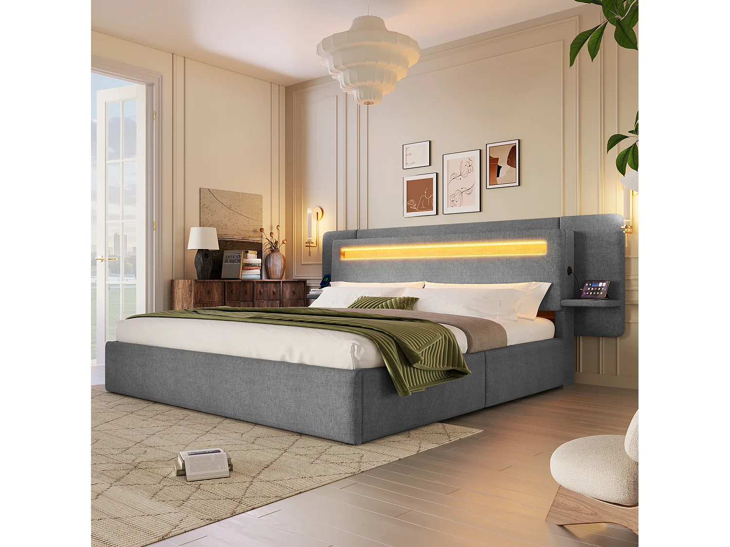 Opbevaringsseng med polstret sengegavl 180 x 200 cm - med opbevaringskasse - natbord, USB-port og LED - MDF + linned - grå (uden madras)