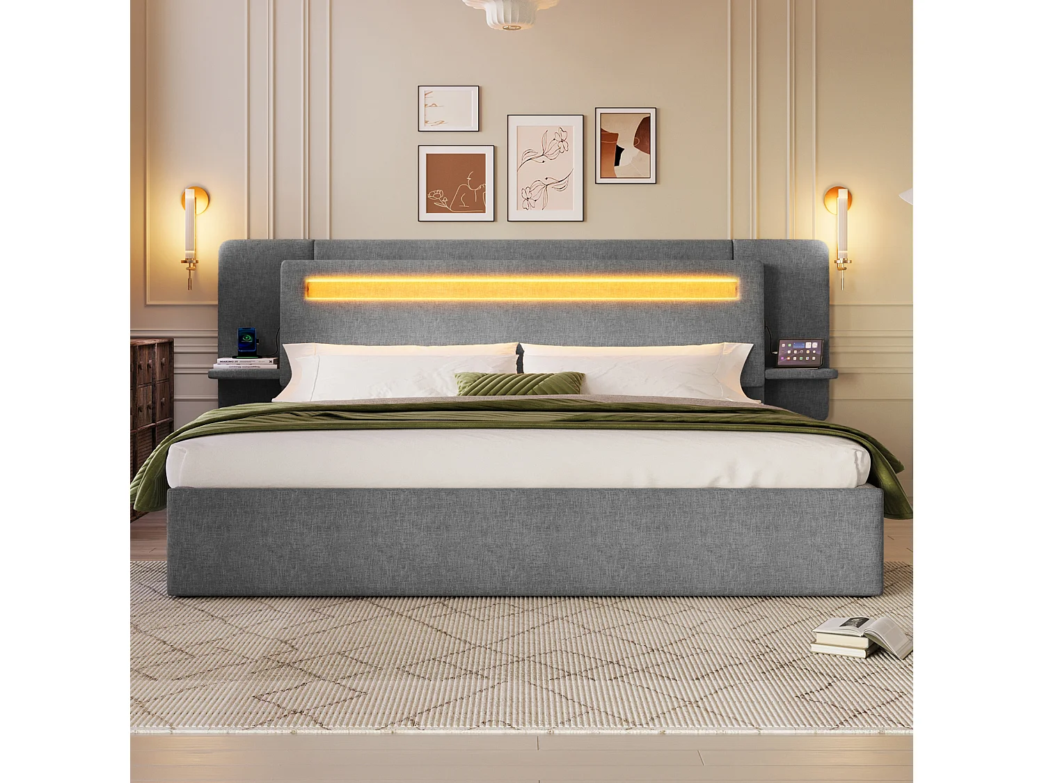 Opbevaringsseng med polstret sengegavl 180 x 200 cm - med opbevaringskasse - natbord, USB-port og LED - MDF + linned - grå (uden madras)