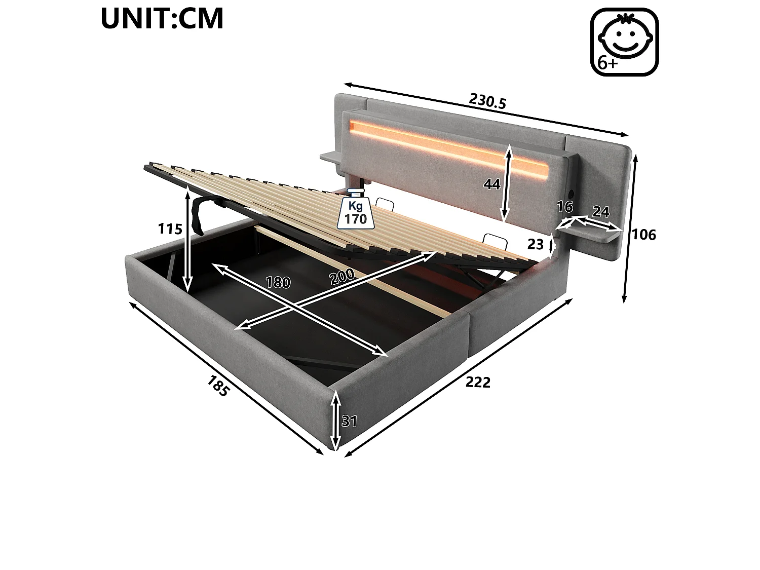 Opbevaringsseng med polstret sengegavl 180 x 200 cm - med opbevaringskasse - natbord, USB-port og LED - MDF + linned - grå (uden madras)