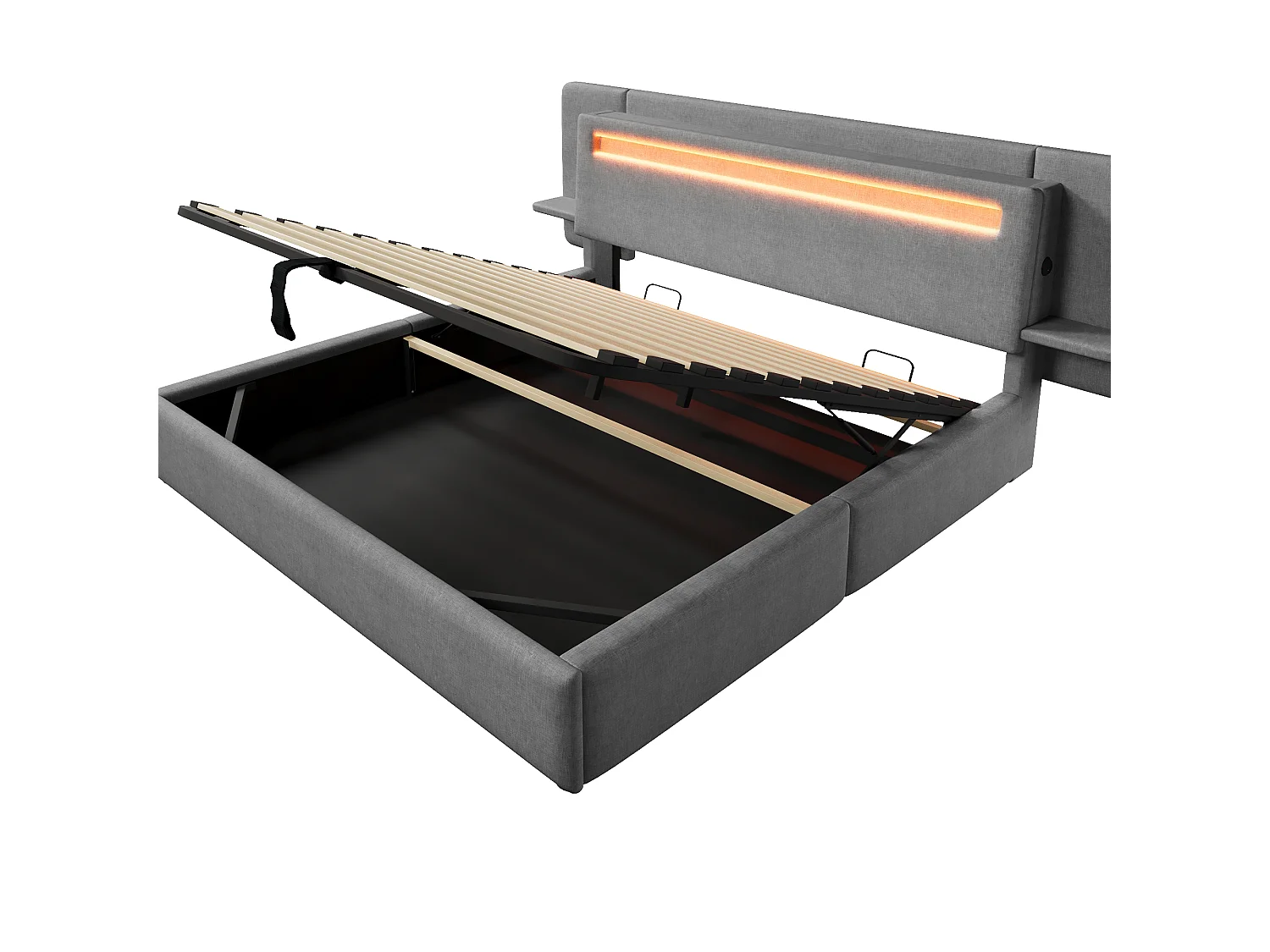 Opbevaringsseng med polstret sengegavl 180 x 200 cm - med opbevaringskasse - natbord, USB-port og LED - MDF + linned - grå (uden madras)