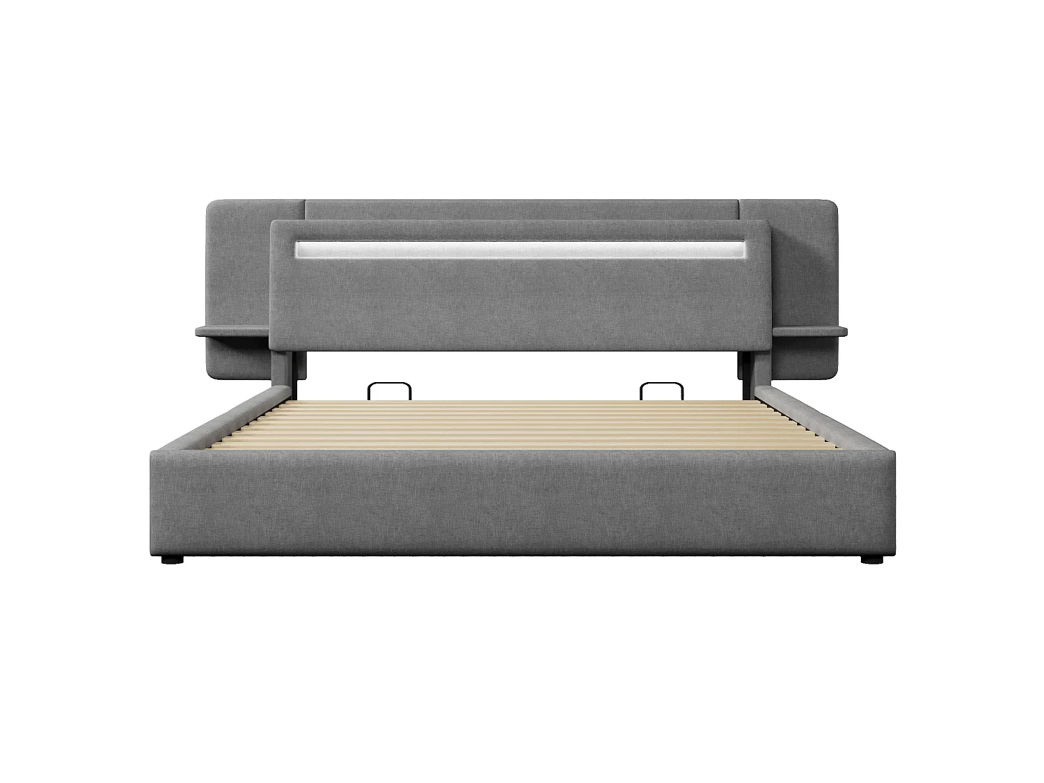 Opbevaringsseng med polstret sengegavl 180 x 200 cm - med opbevaringskasse - natbord, USB-port og LED - MDF + linned - grå (uden madras)