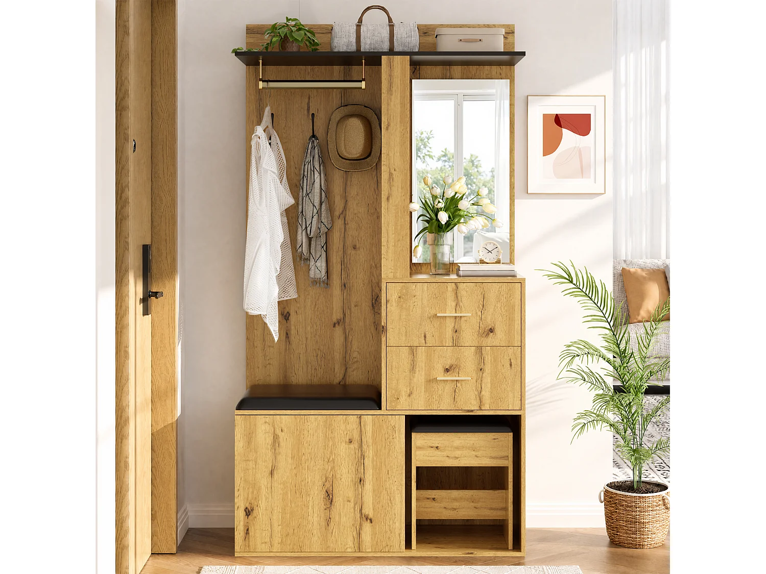 Ensemble vestiaire d'entrée - Avec banc à chaussures, crochets, miroir et éclairage LED - 1 porte et 2 tiroirs - Naturel et noir