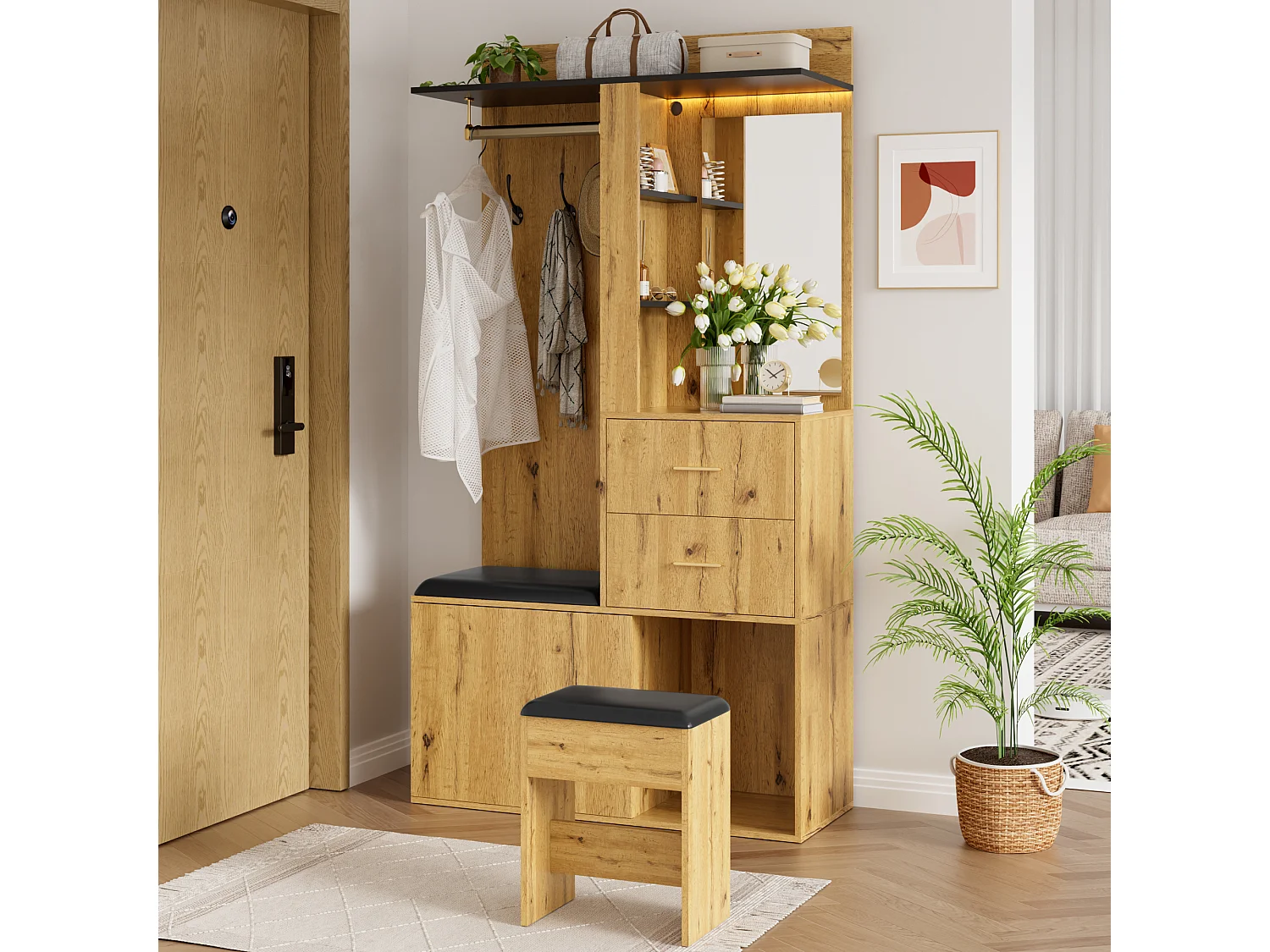 Ensemble vestiaire d'entrée - Avec banc à chaussures, crochets, miroir et éclairage LED - 1 porte et 2 tiroirs - Naturel et noir