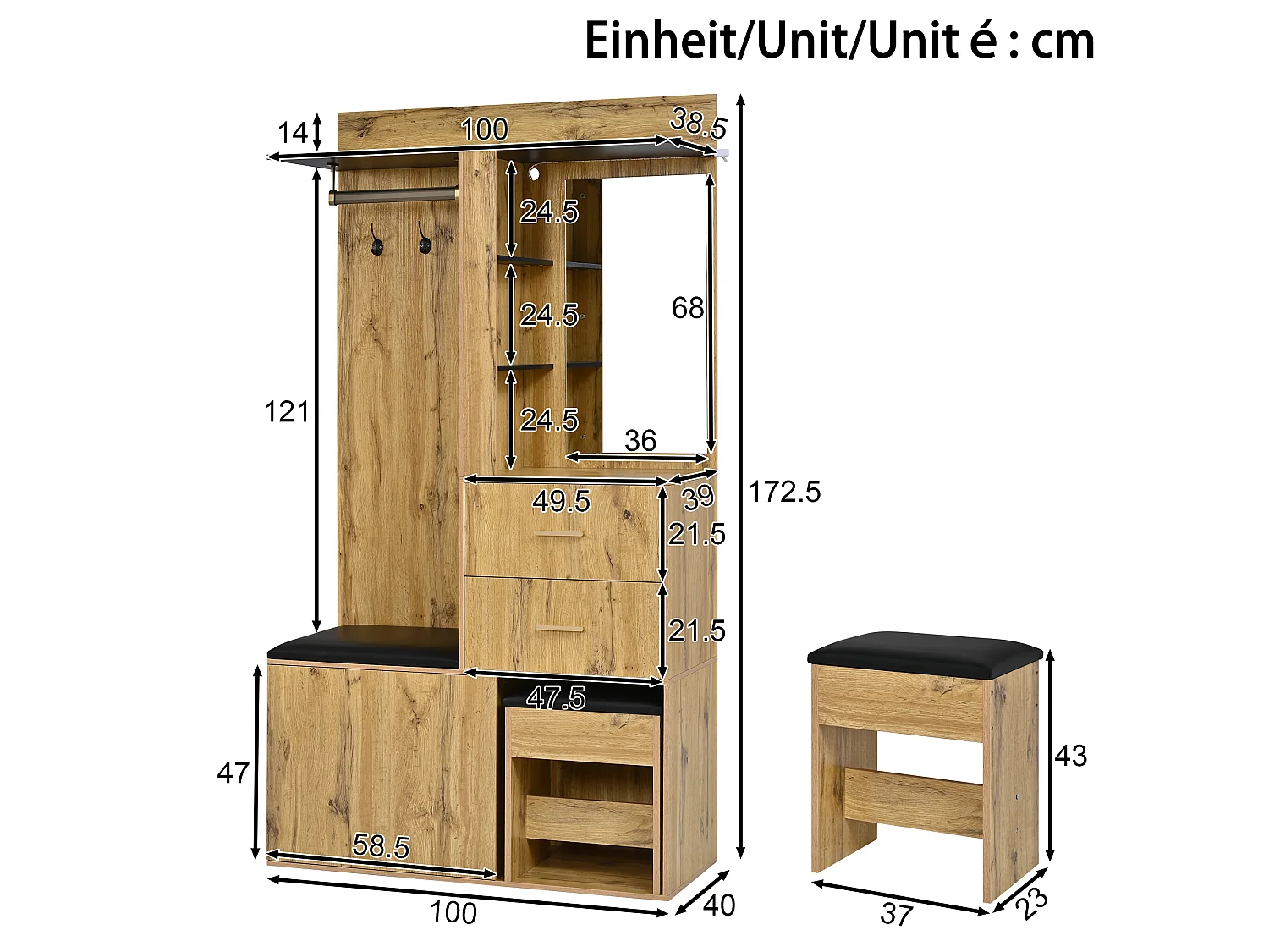 Ensemble vestiaire d'entrée - Avec banc à chaussures, crochets, miroir et éclairage LED - 1 porte et 2 tiroirs - Naturel et noir