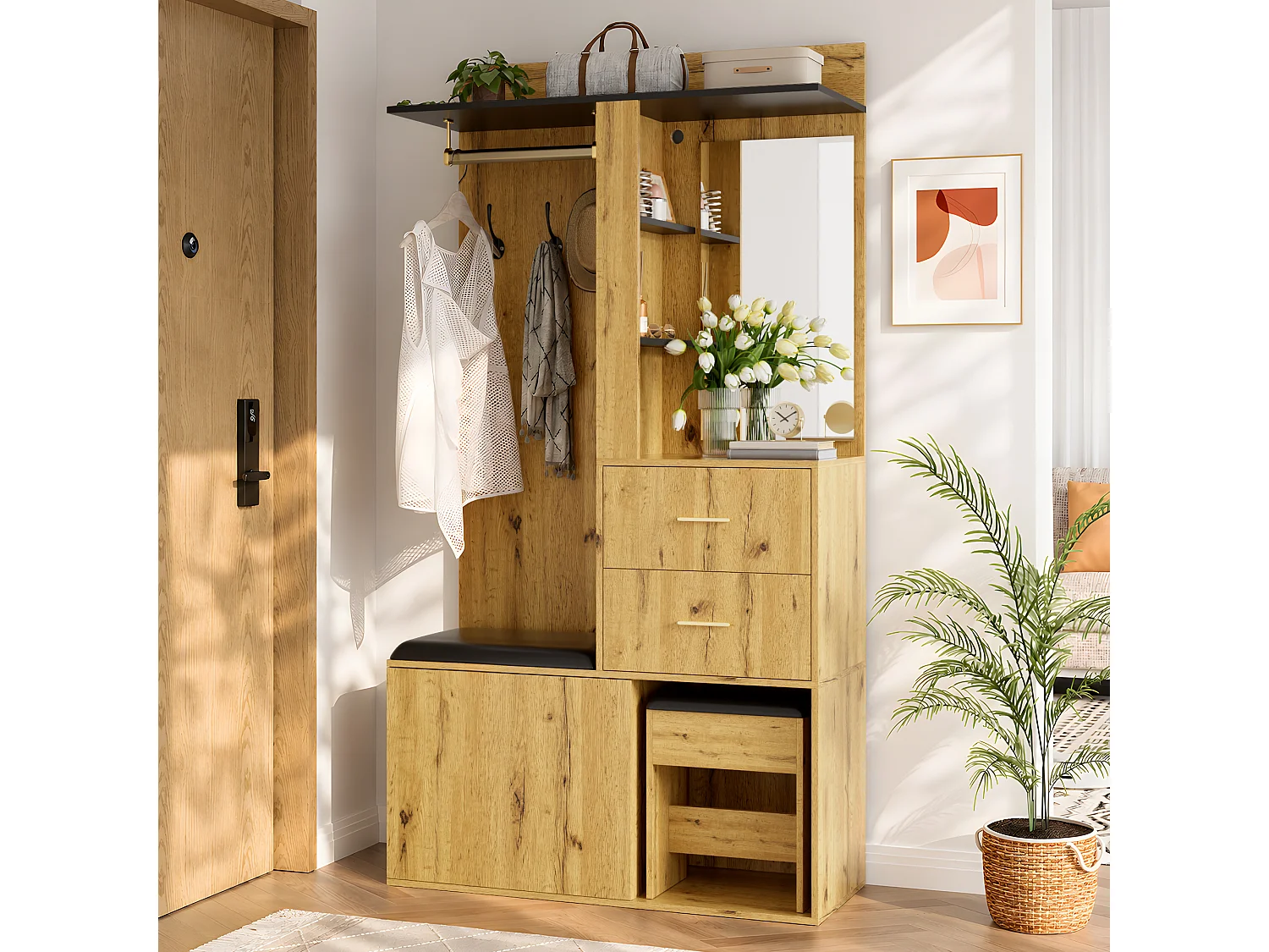 Ensemble vestiaire d'entrée - Avec banc à chaussures, crochets, miroir et éclairage LED - 1 porte et 2 tiroirs - Naturel et noir