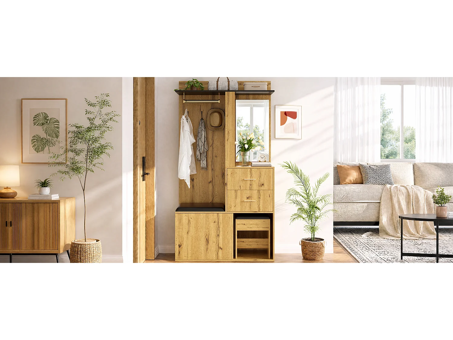 Ensemble vestiaire d'entrée - Avec banc à chaussures, crochets, miroir et éclairage LED - 1 porte et 2 tiroirs - Naturel et noir