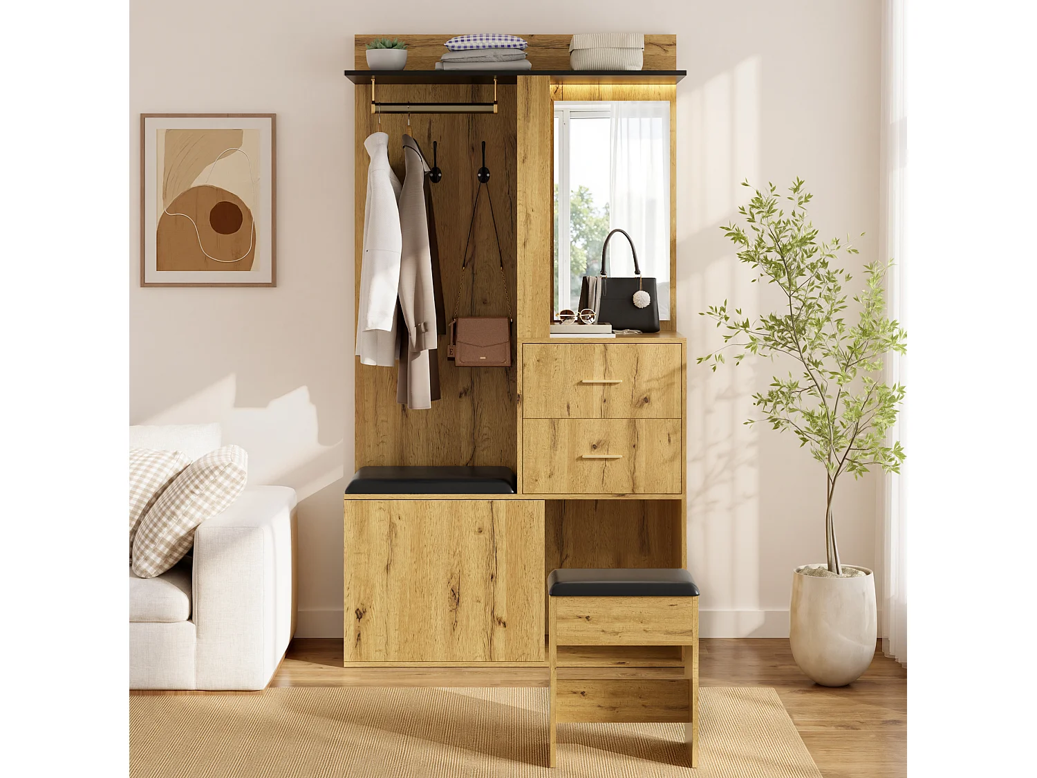 Ensemble vestiaire d'entrée - Avec banc à chaussures, crochets, miroir et éclairage LED - 1 porte et 2 tiroirs - Naturel et noir