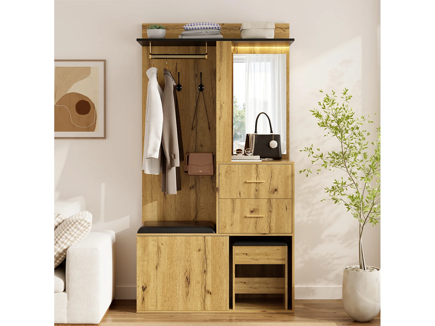 Ensemble vestiaire d'entrée - Avec banc à chaussures, crochets, miroir et éclairage LED - 1 porte et 2 tiroirs - Naturel et noir