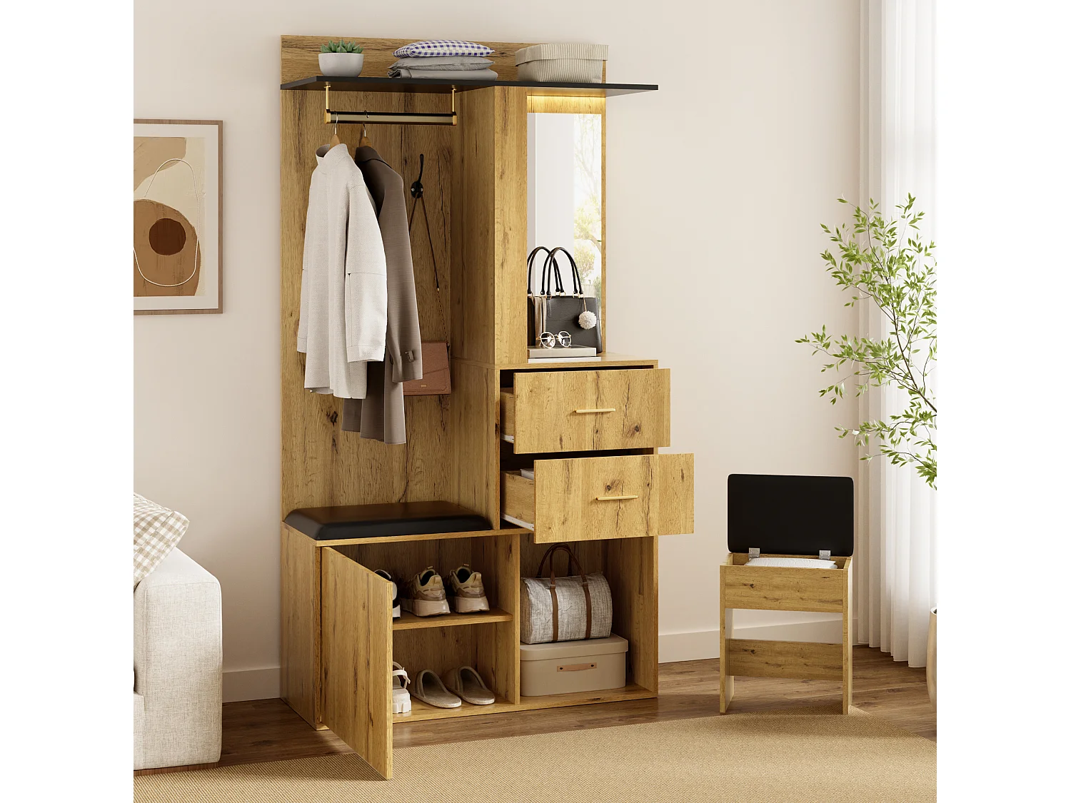 Ensemble vestiaire d'entrée - Avec banc à chaussures, crochets, miroir et éclairage LED - 1 porte et 2 tiroirs - Naturel et noir