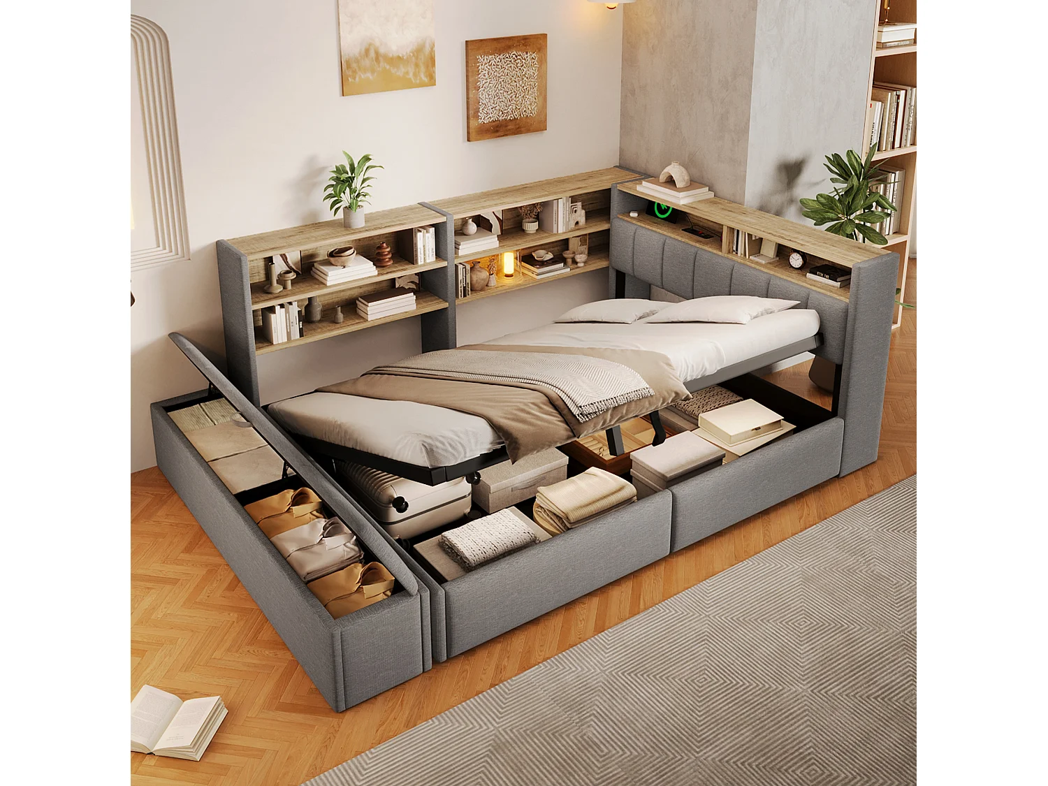 Bankbed met opbergruimte 140 x 200 cm - met elektrisch stopcontact - met USB-poort - met LED-verlichting - fluwelen stof - grijs (matras niet inbegrepen)