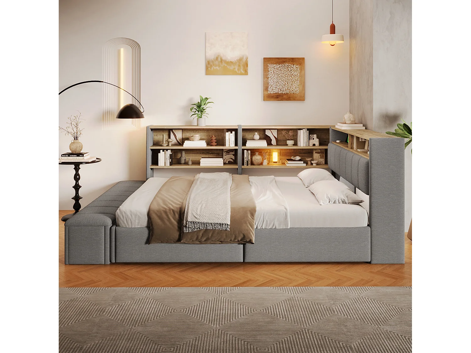 Bankbed met opbergruimte 140 x 200 cm - met elektrisch stopcontact - met USB-poort - met LED-verlichting - fluwelen stof - grijs (matras niet inbegrepen)