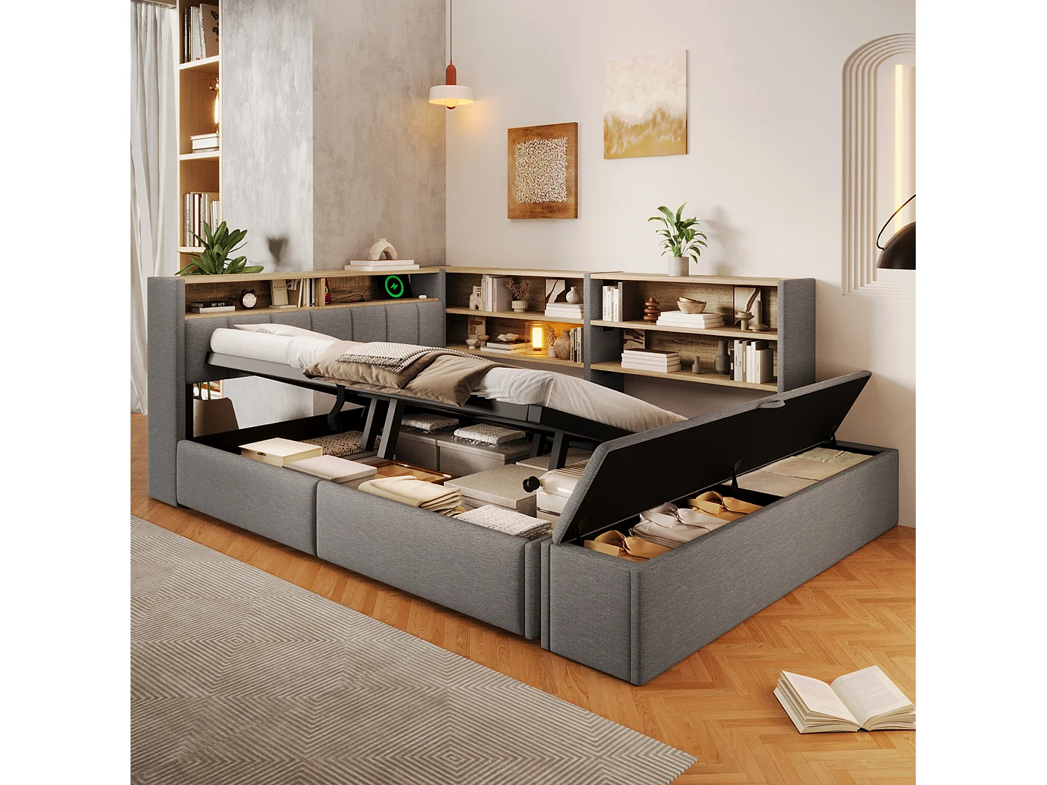 Bankbed met opbergruimte 140 x 200 cm - met elektrisch stopcontact - met USB-poort - met LED-verlichting - fluwelen stof - grijs (matras niet inbegrepen)