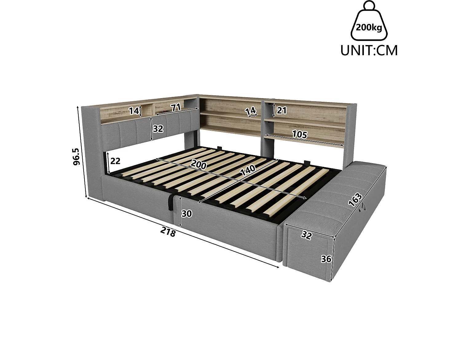 Bankbed met opbergruimte 140 x 200 cm - met elektrisch stopcontact - met USB-poort - met LED-verlichting - fluwelen stof - grijs (matras niet inbegrepen)