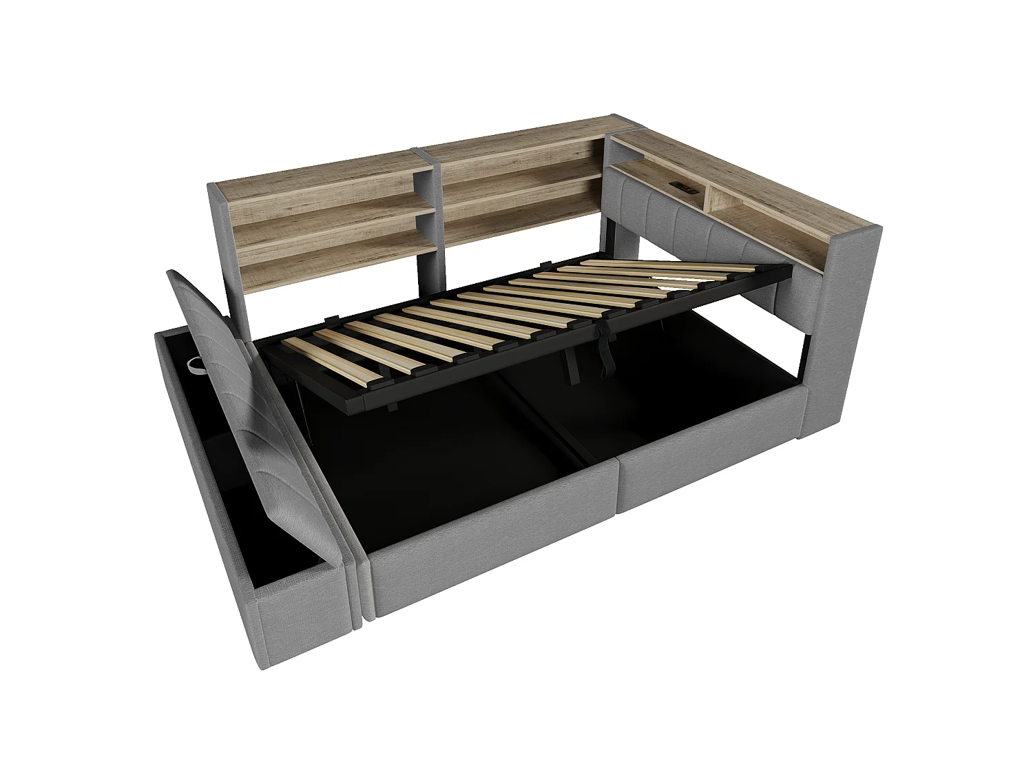 Bankbed met opbergruimte 140 x 200 cm - met elektrisch stopcontact - met USB-poort - met LED-verlichting - fluwelen stof - grijs (matras niet inbegrepen)
