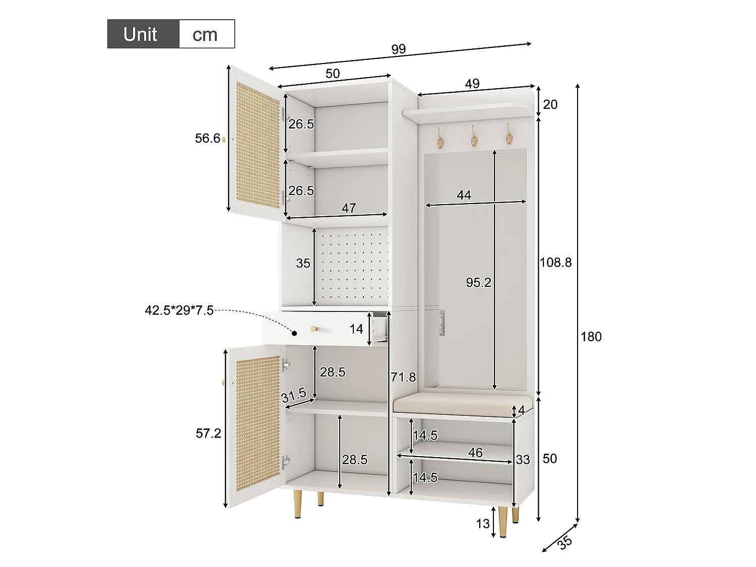 Conjunto de vestiário de entrada 99x35x180cm - com espelho e móvel para sapatos - com painel perfurado e gancho - Natural + Branco