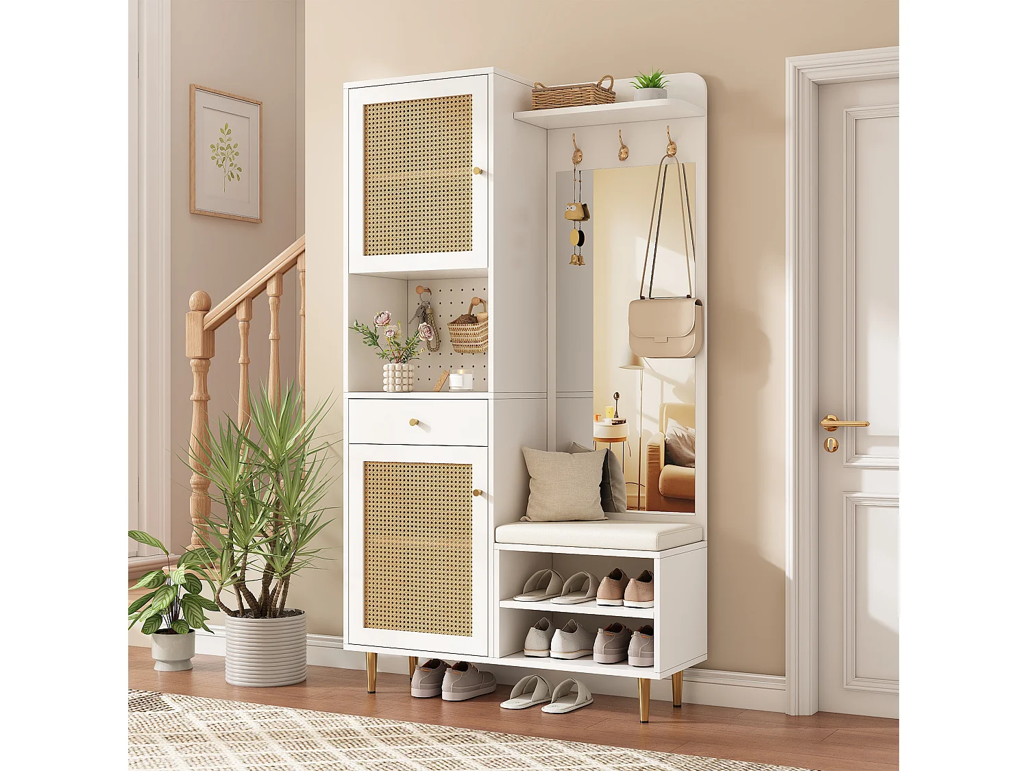 Conjunto de vestiário de entrada 99x35x180cm - com espelho e móvel para sapatos - com painel perfurado e gancho - Natural + Branco