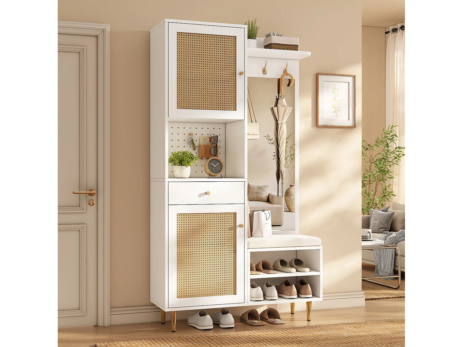 Conjunto de vestiário de entrada 99x35x180cm - com espelho e móvel para sapatos - com painel perfurado e gancho - Natural + Branco