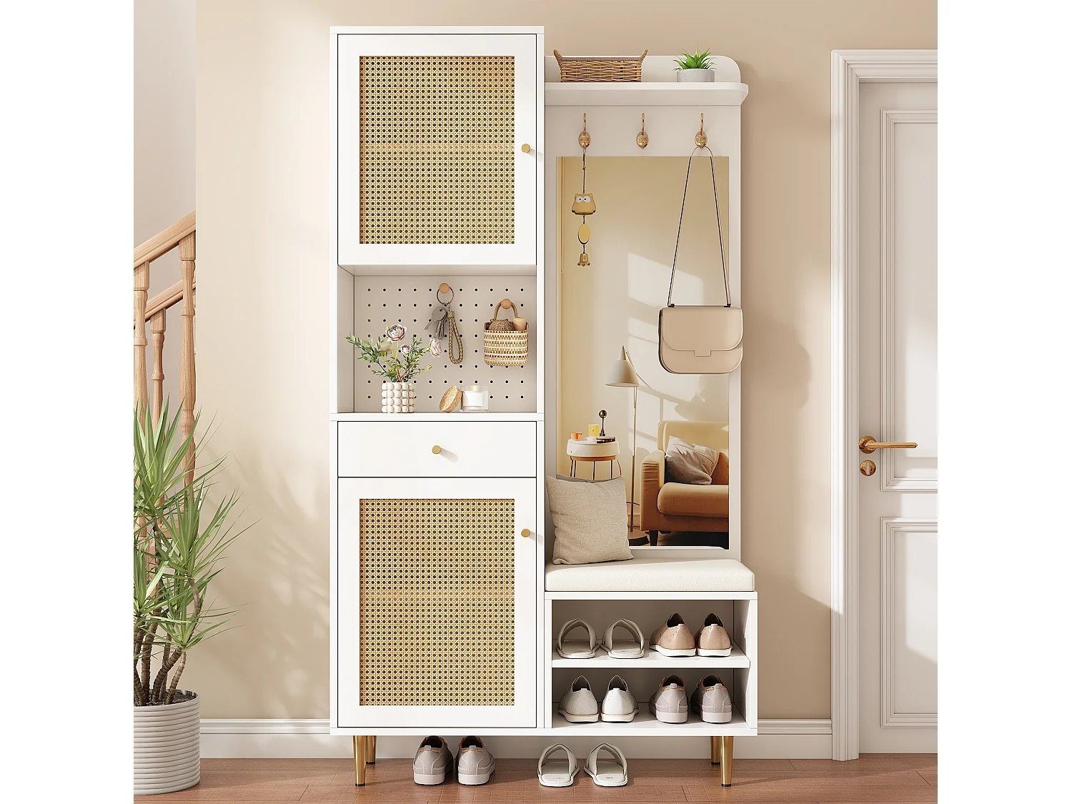 Conjunto de vestiário de entrada 99x35x180cm - com espelho e móvel para sapatos - com painel perfurado e gancho - Natural + Branco