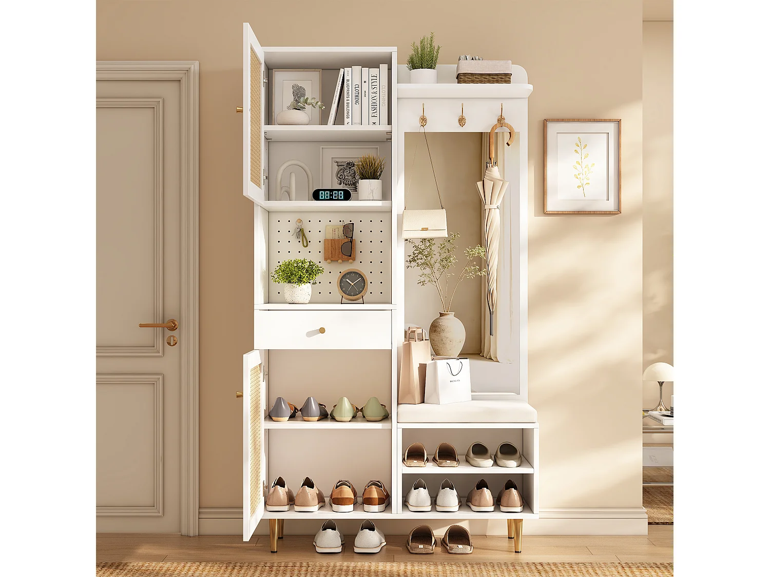 Conjunto de vestiário de entrada 99x35x180cm - com espelho e móvel para sapatos - com painel perfurado e gancho - Natural + Branco