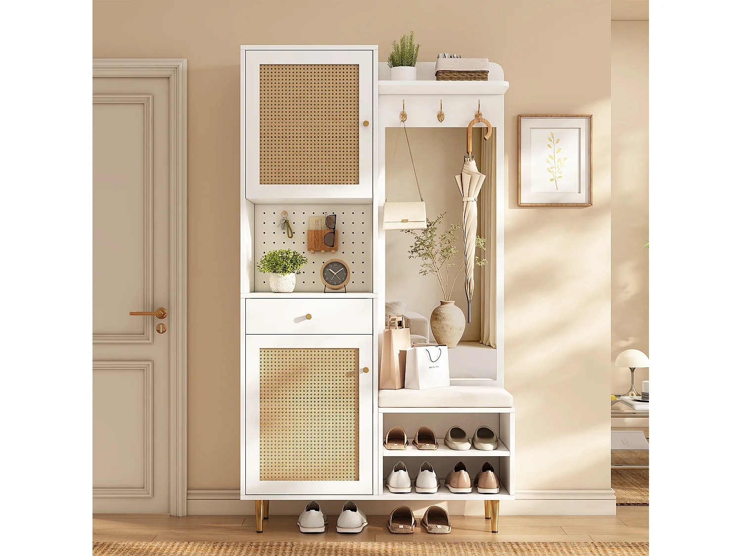 Conjunto de vestiário de entrada 99x35x180cm - com espelho e móvel para sapatos - com painel perfurado e gancho - Natural + Branco
