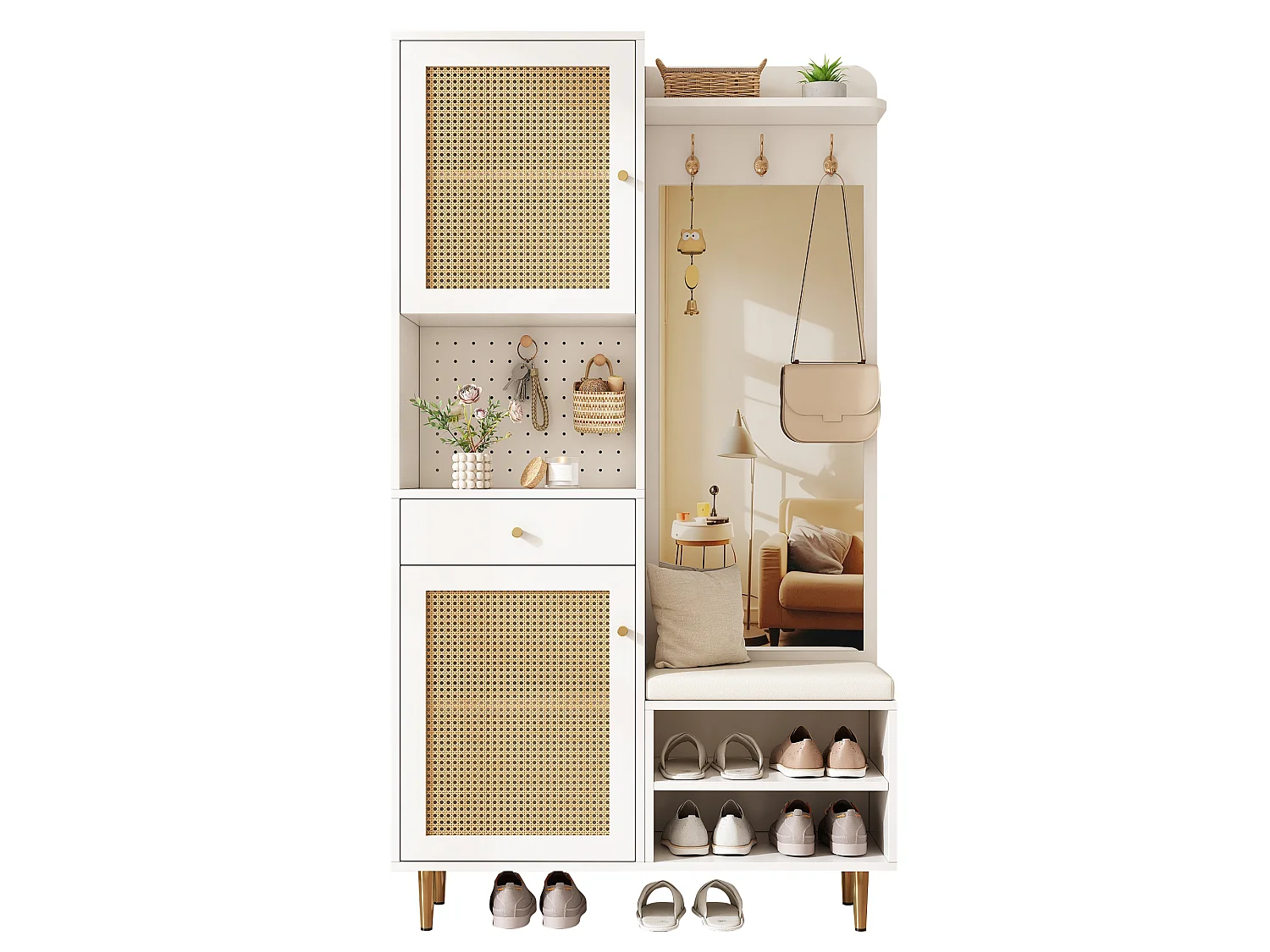 Conjunto de vestiário de entrada 99x35x180cm - com espelho e móvel para sapatos - com painel perfurado e gancho - Natural + Branco