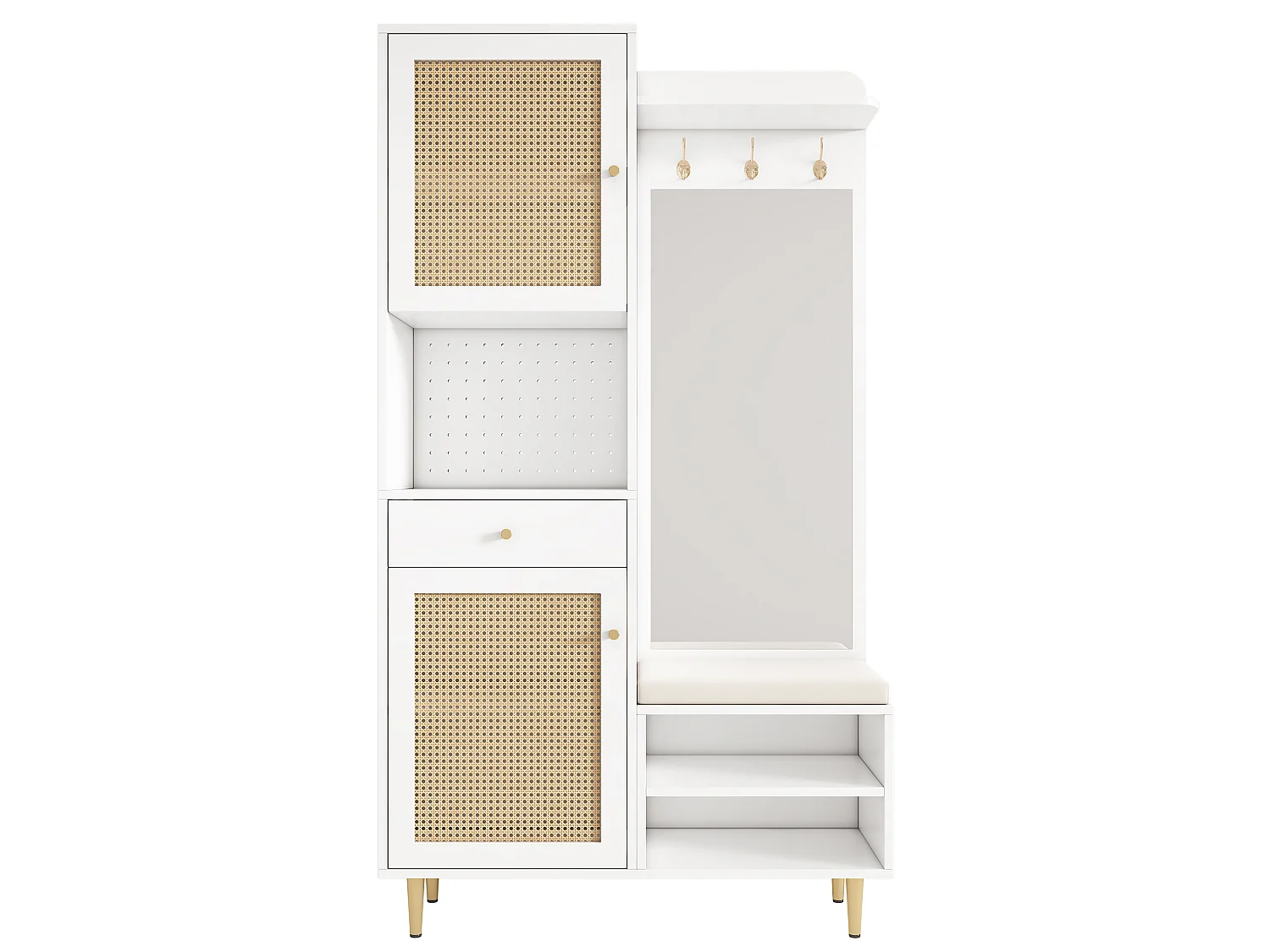 Conjunto de vestiário de entrada 99x35x180cm - com espelho e móvel para sapatos - com painel perfurado e gancho - Natural + Branco