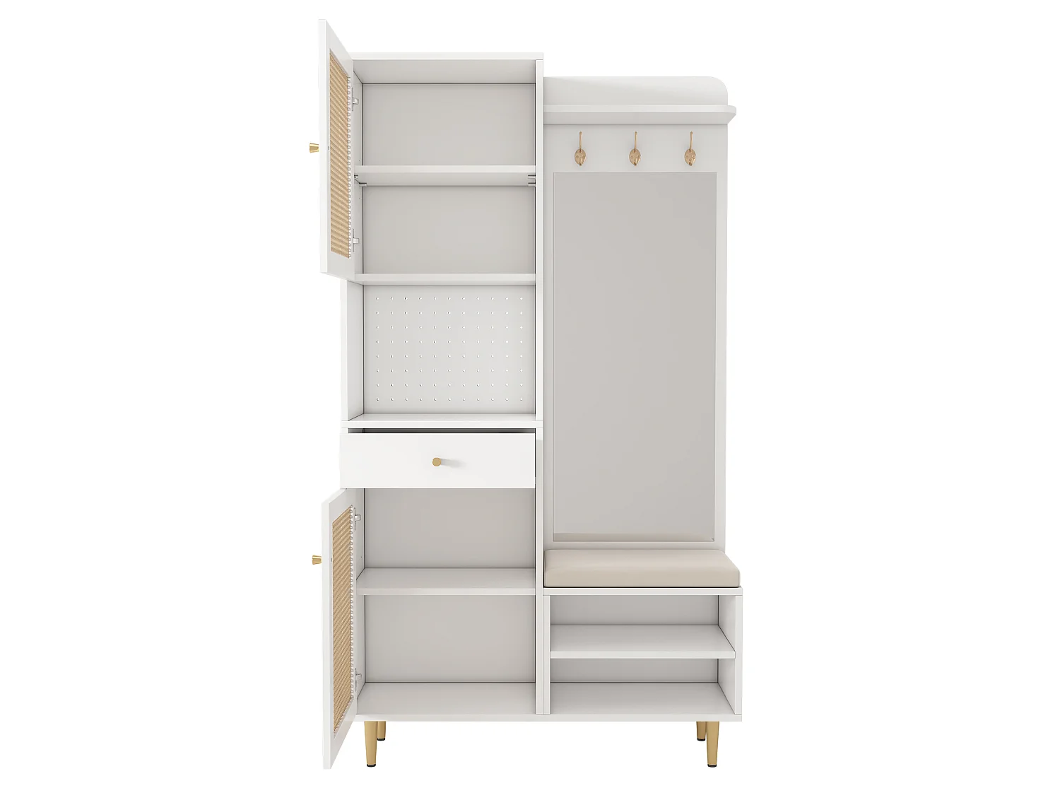 Conjunto de vestiário de entrada 99x35x180cm - com espelho e móvel para sapatos - com painel perfurado e gancho - Natural + Branco