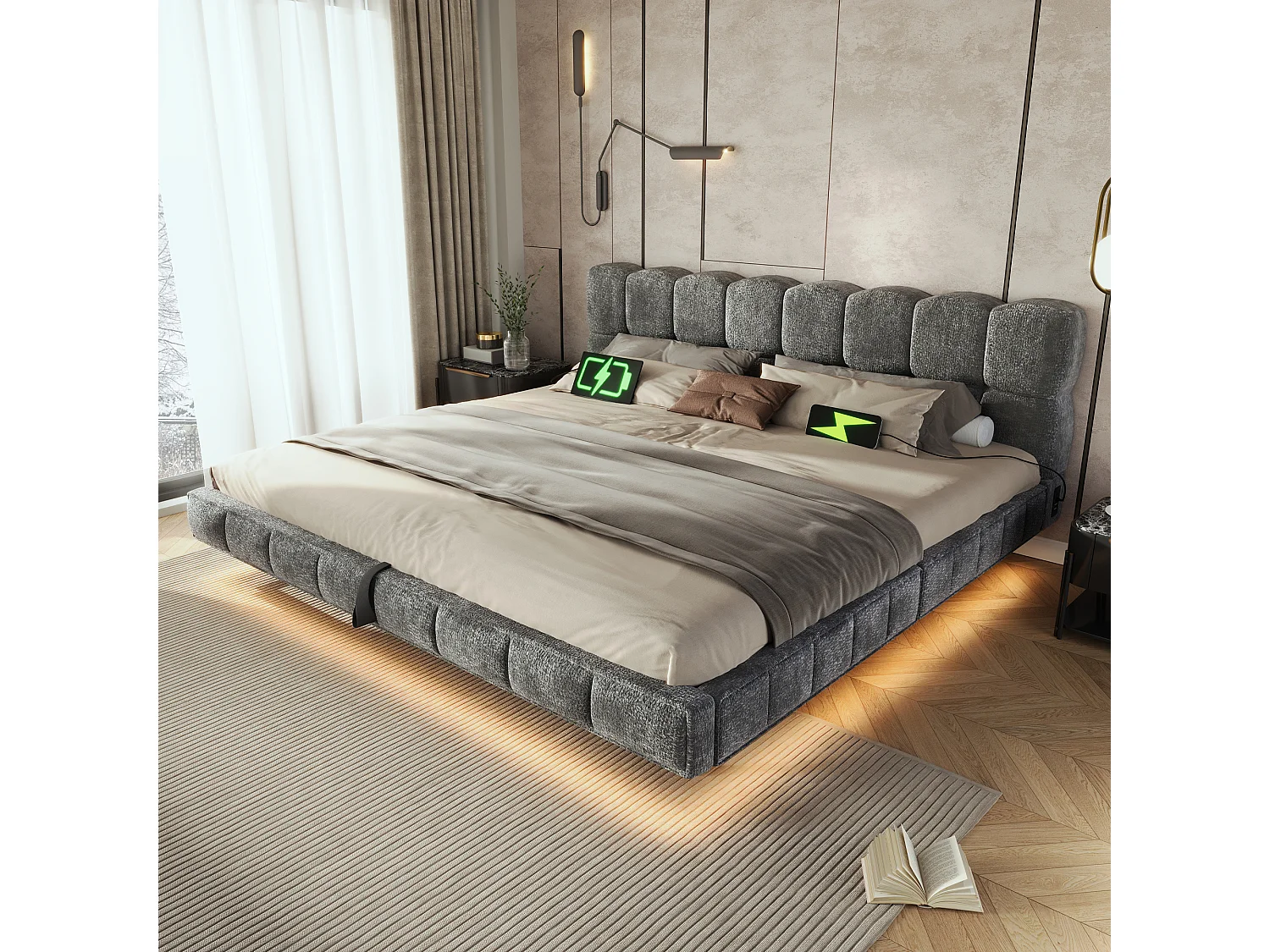 Bedbox gestoffeerd 140x200cm - met LED-verlichting en USB-poort - zwevend design - chenillestof - Grijs (zonder matras)