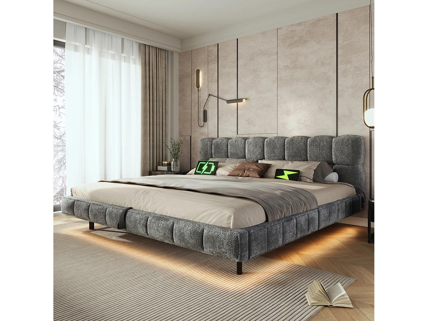 Bedbox gestoffeerd 140x200cm - met LED-verlichting en USB-poort - zwevend design - chenillestof - Grijs (zonder matras)