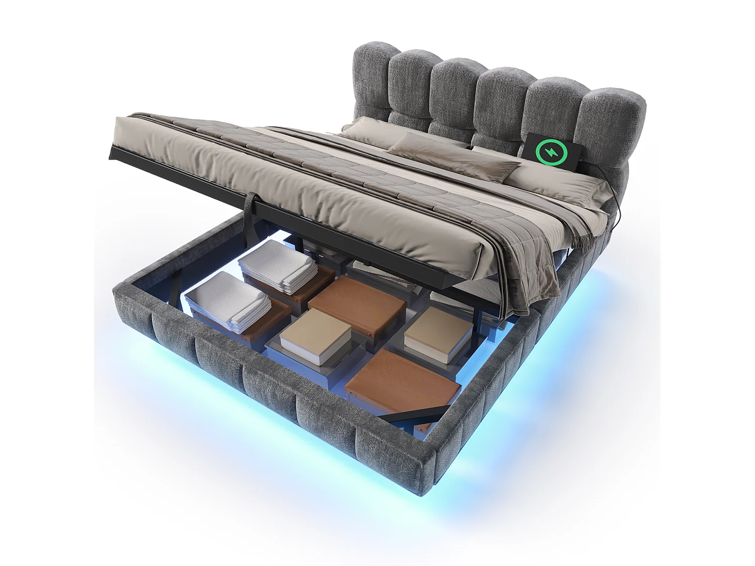Bedbox gestoffeerd 140x200cm - met LED-verlichting en USB-poort - zwevend design - chenillestof - Grijs (zonder matras)